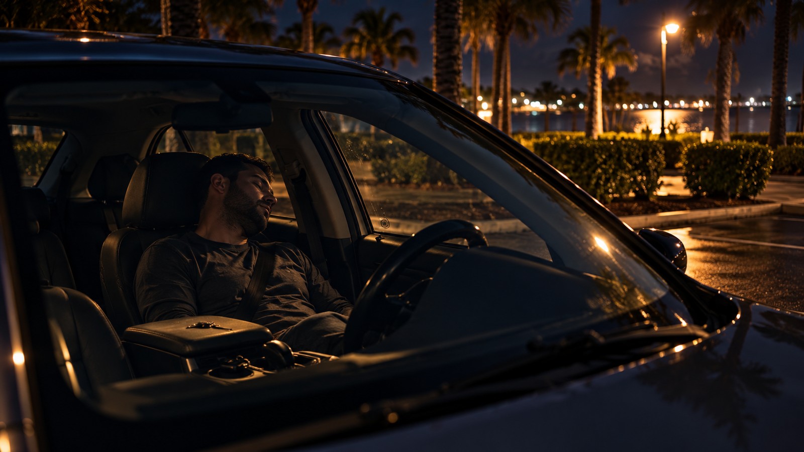 Person asleep in the driver seat of a parked car at night in Florida